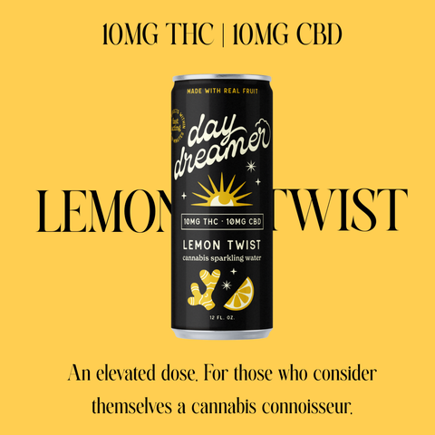Day Dreamer Lemon Twist sparkling water can on a yellow background