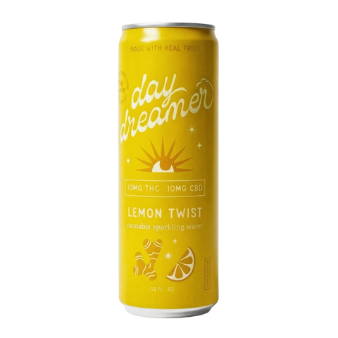 A yellow can of Day Dreamer Lemon Twist THC sparkling water