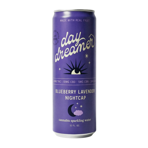Purple can of 'day dreamer' Blueberry Lavender Nightcap cannabis sparkling water on a white background