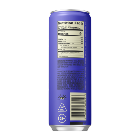 Back view of a purple can with nutrition facts label on a white background