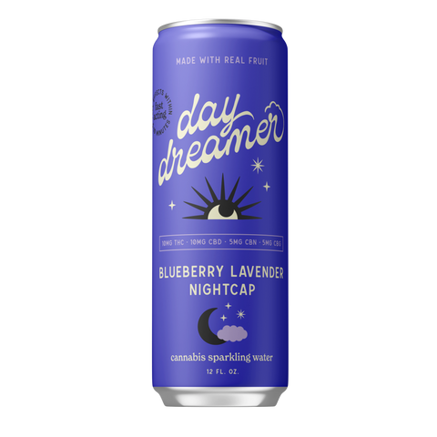 Blue can of 'Day Dreamer' Blueberry Lavender Nightcap cannabis sparkling water on a white background