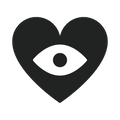 Black heart shape with a white eye in the center on a white background