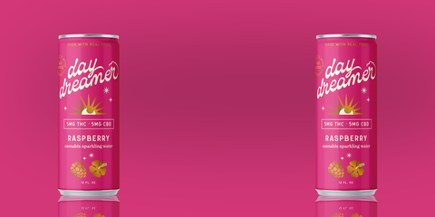 Two cans of 'day dreamer' raspberry sparkling water on an pink background