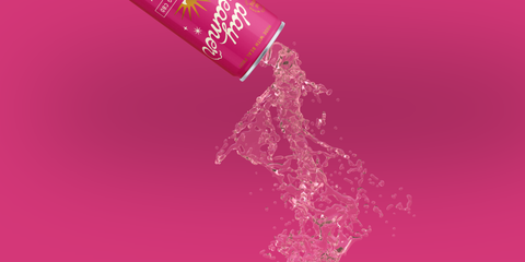 a pink can of Day Dreamer Cannabis sparkling water pouring out in front of a pink background