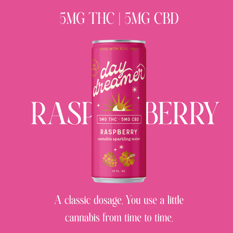 Pink can of 'day dreamer' raspberry sparkling water with THC and CBD text on a pink background