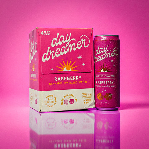 Day Dreamer raspberry sparkling water can and box on a pink background