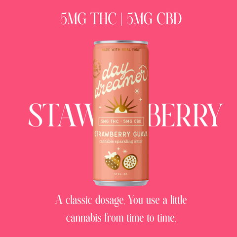 Canned drink labeled 'day dreamer' with strawberry guava flavor on a pink background