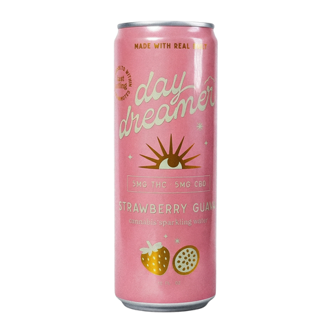 A pink can of Day Dreamer 'Strawberry Guava' THC sparkling water