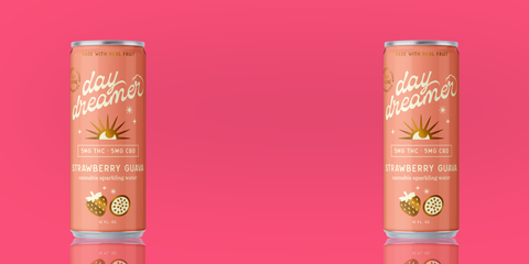 Two cans of 'day dreamer' strawberry guava sparkling water on an pink background