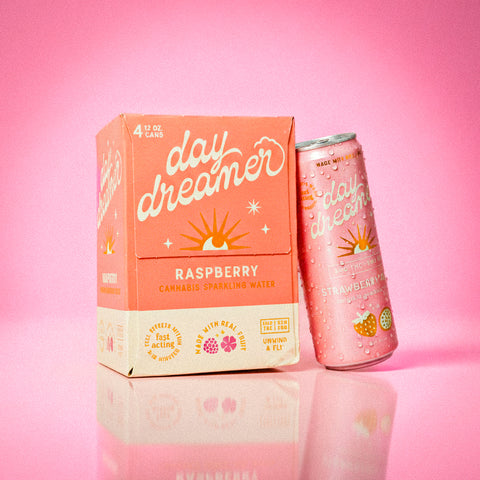 Day Dreamer strawberry sparkling water packaging on a pink background